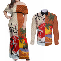 Pan-Pacific Festival Couples Matching Off Shoulder Maxi Dress and Long Sleeve Button Shirt Mauna Kea and Fuji Mountains