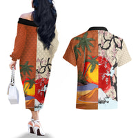 Pan-Pacific Festival Couples Matching Off The Shoulder Long Sleeve Dress and Hawaiian Shirt Mauna Kea and Fuji Mountains