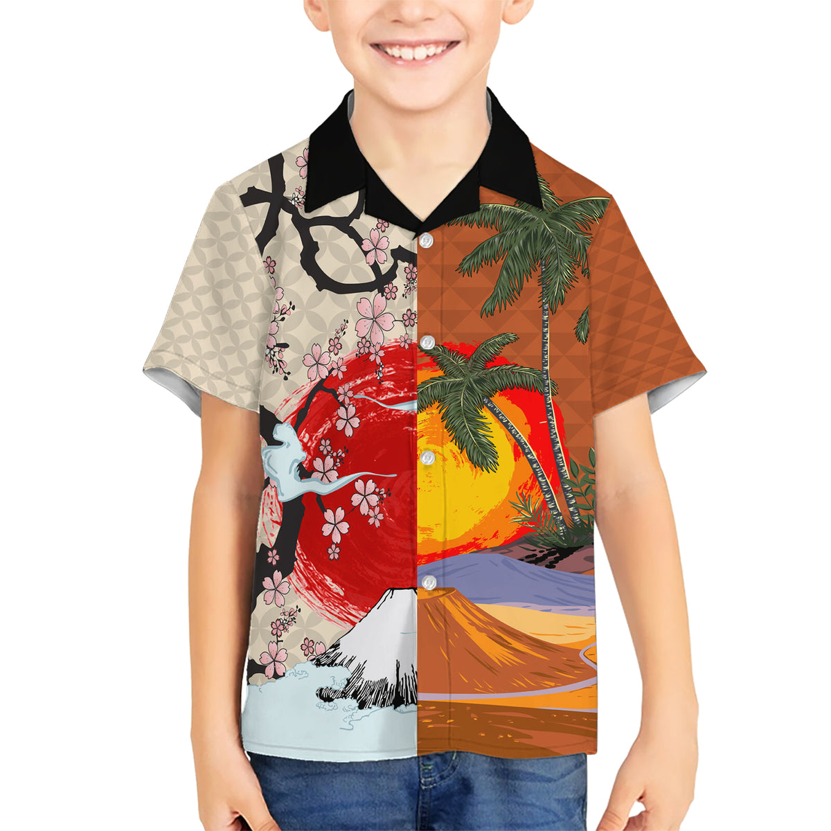 Pan-Pacific Festival Kid Hawaiian Shirt Mauna Kea and Fuji Mountains