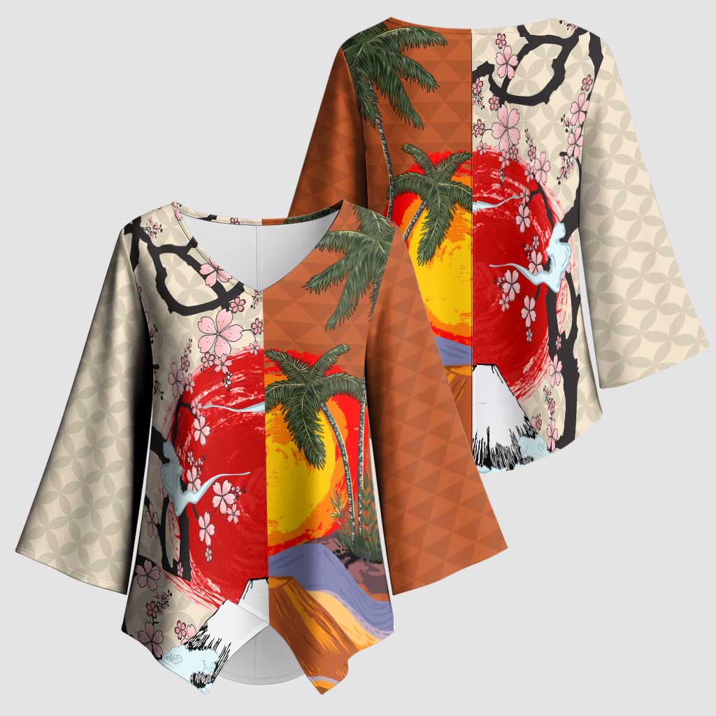 Japanese Culture Hawaii Style Kimono Sleeve Blouse Mauna Kea and Fuji Mountains - Polynesian Pride