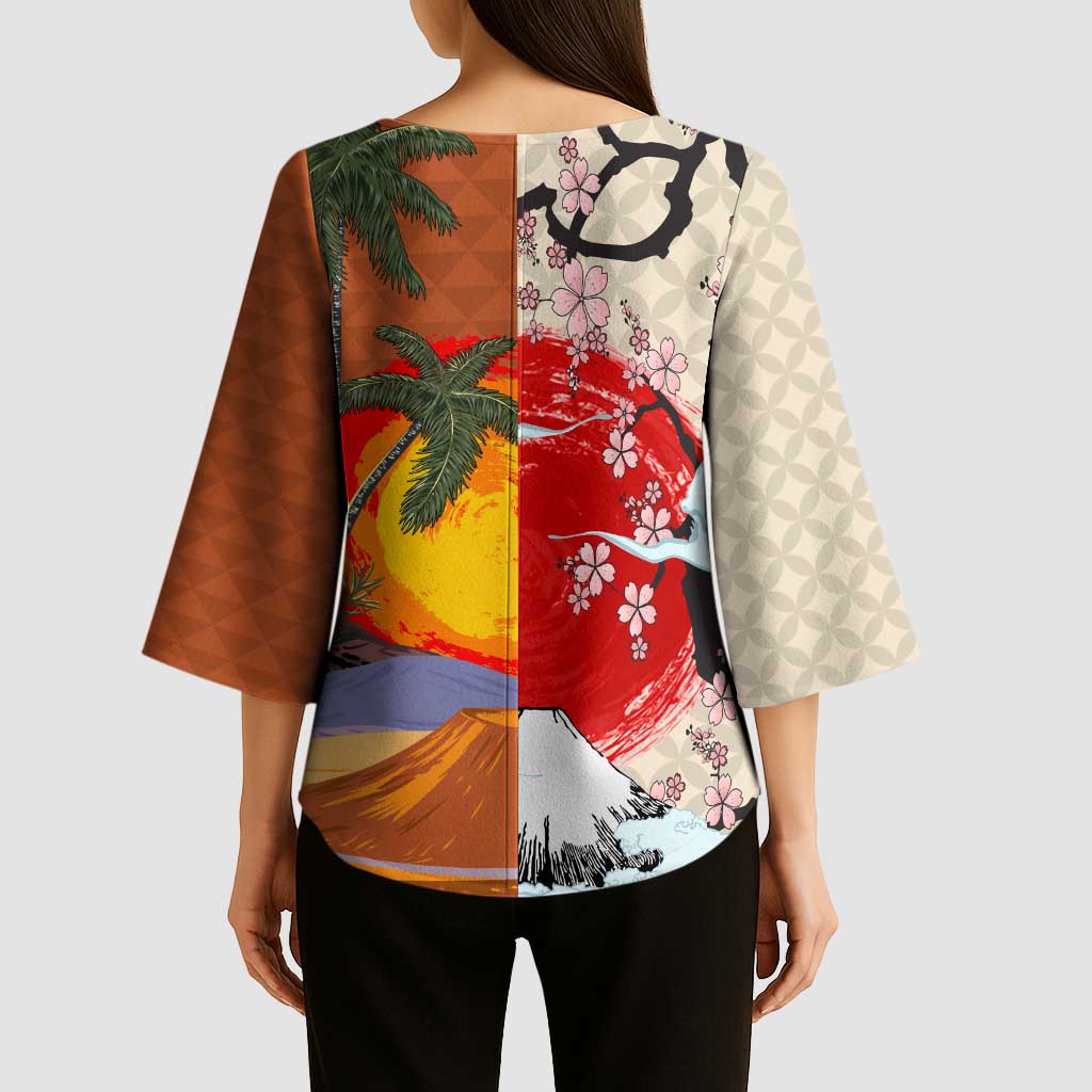 Japanese Culture Hawaii Style Kimono Sleeve Blouse Mauna Kea and Fuji Mountains - Polynesian Pride