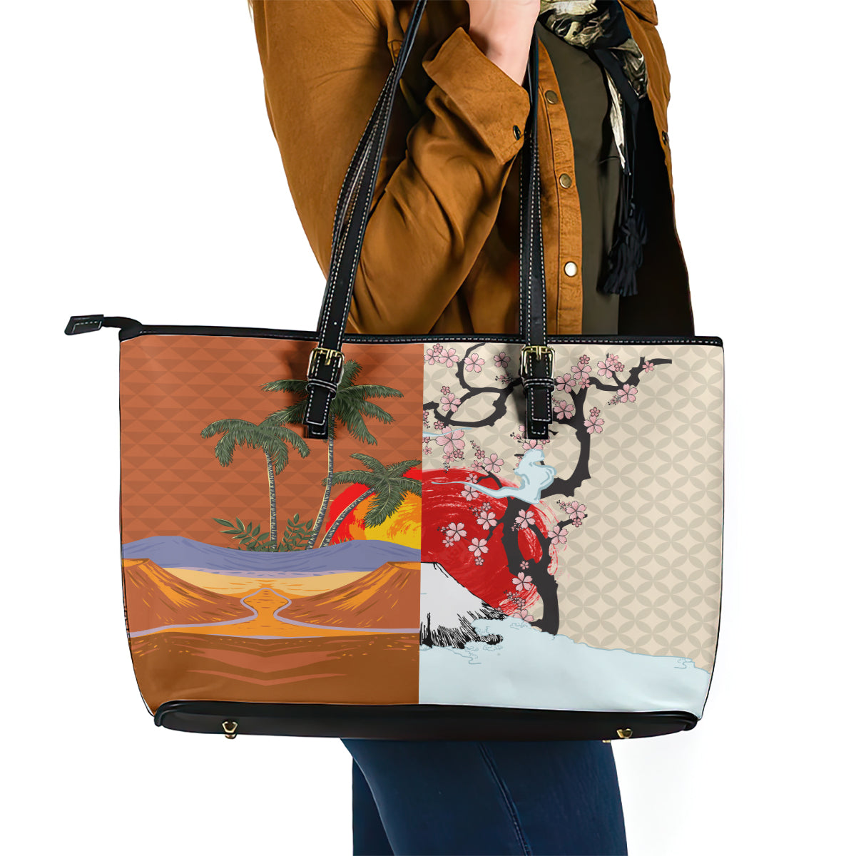 Pan-Pacific Festival Leather Tote Bag Mauna Kea and Fuji Mountains