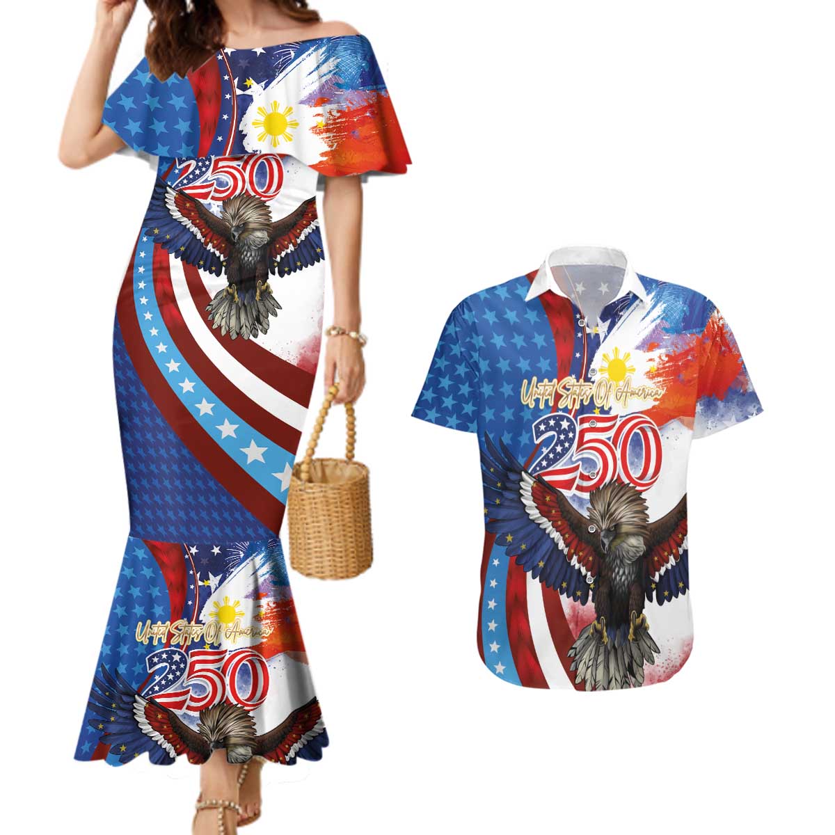 Philippines and United States Semiquincentennial Couples Matching Mermaid Dress and Hawaiian Shirt Eagle and National Flag Style