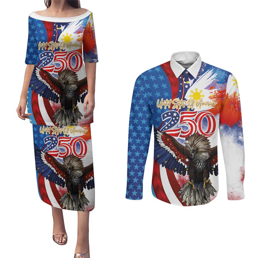 Philippines and United States Semiquincentennial Couples Matching Puletasi and Long Sleeve Button Shirt Eagle and National Flag Style