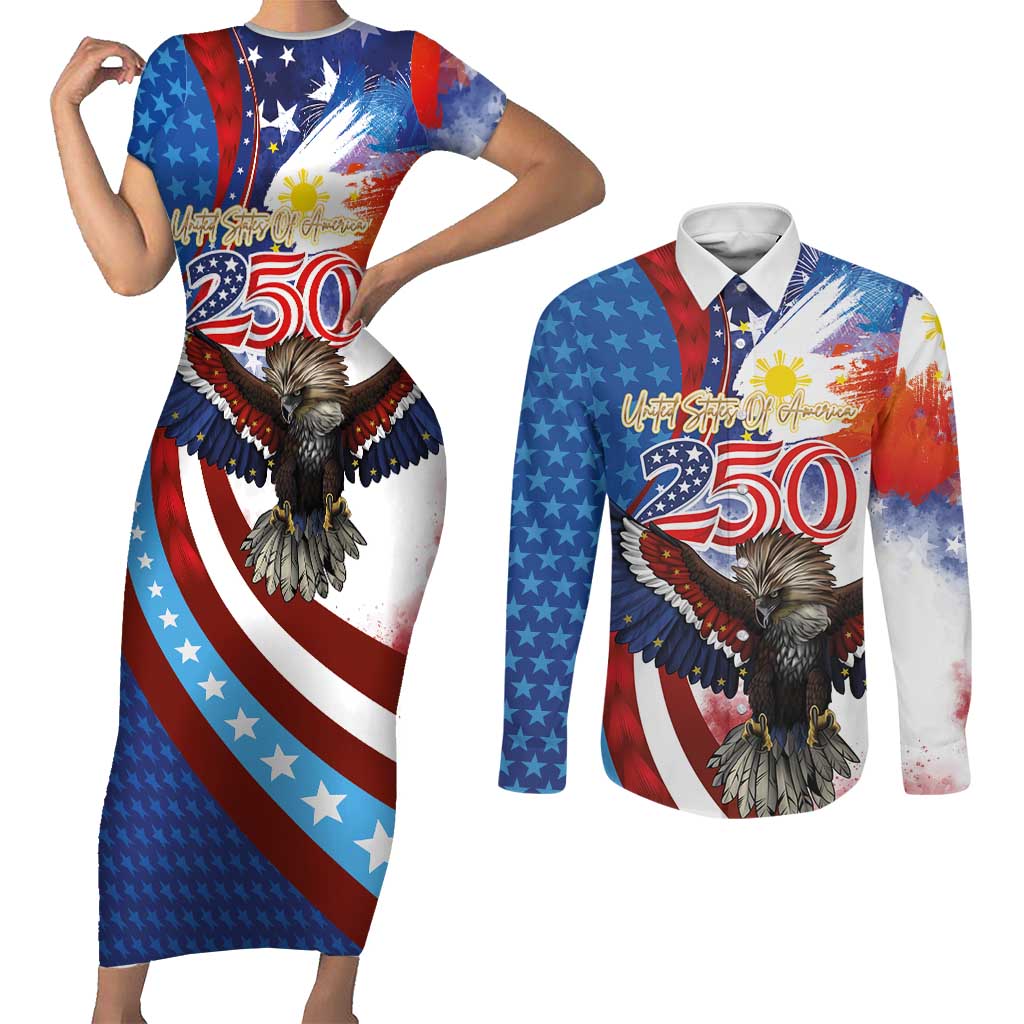Philippines and United States Semiquincentennial Couples Matching Short Sleeve Bodycon Dress and Long Sleeve Button Shirt Eagle and National Flag Style