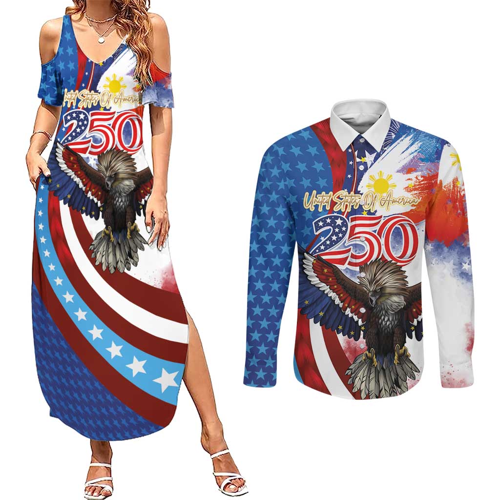 Philippines and United States Semiquincentennial Couples Matching Summer Maxi Dress and Long Sleeve Button Shirt Eagle and National Flag Style