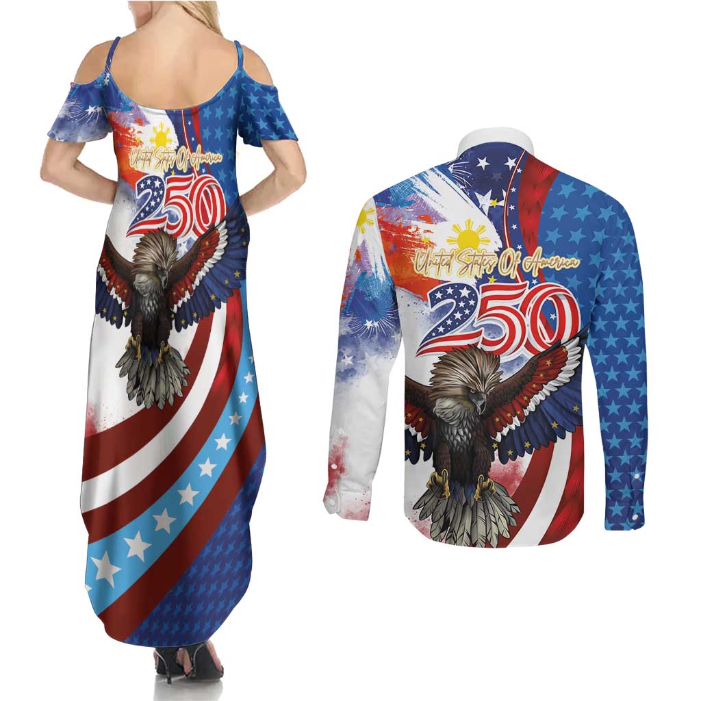 Philippines and United States Semiquincentennial Couples Matching Summer Maxi Dress and Long Sleeve Button Shirt Eagle and National Flag Style