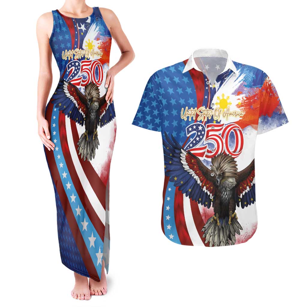 Philippines and United States Semiquincentennial Couples Matching Tank Maxi Dress and Hawaiian Shirt Eagle and National Flag Style