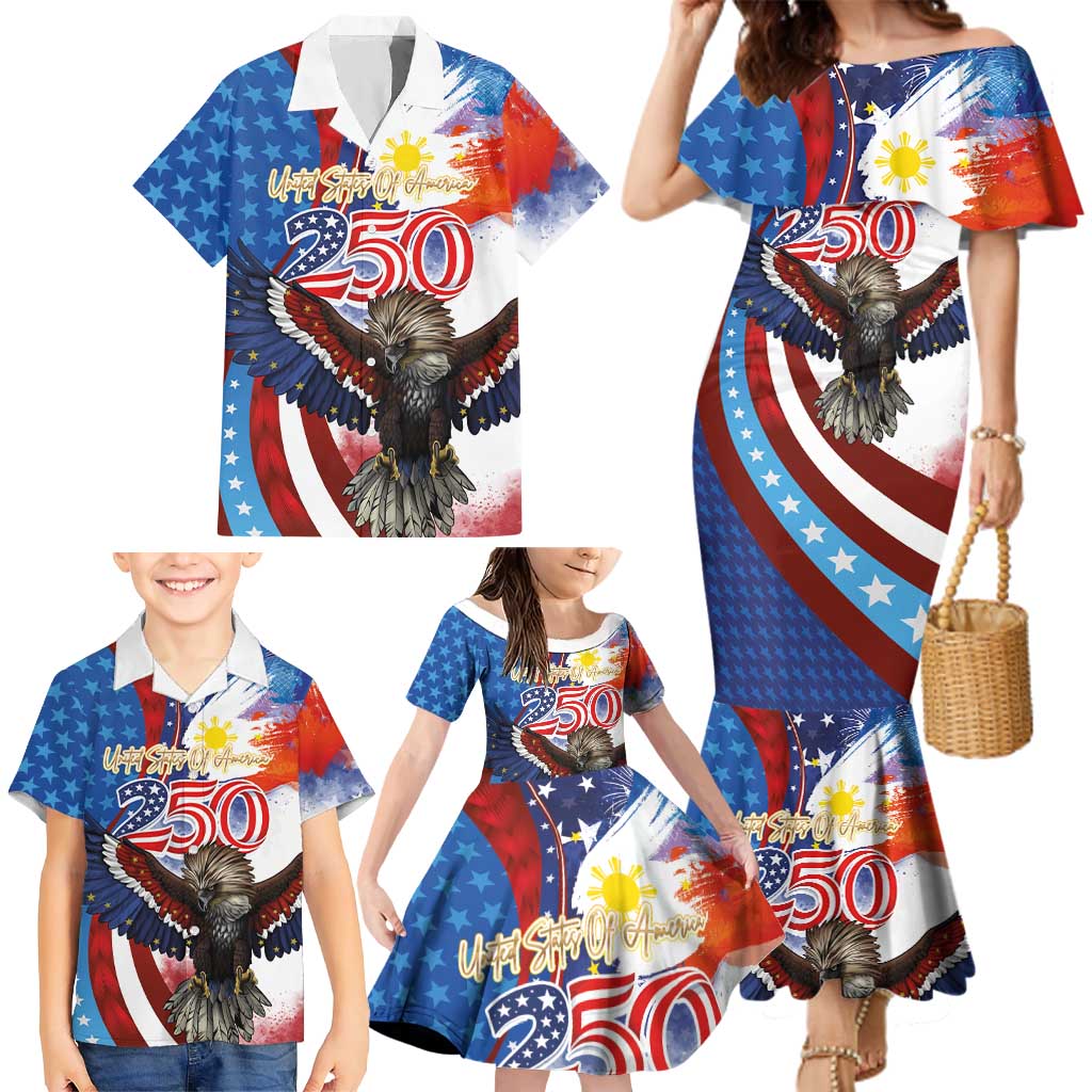 Philippines and United States Semiquincentennial Family Matching Mermaid Dress and Hawaiian Shirt Eagle and National Flag Style