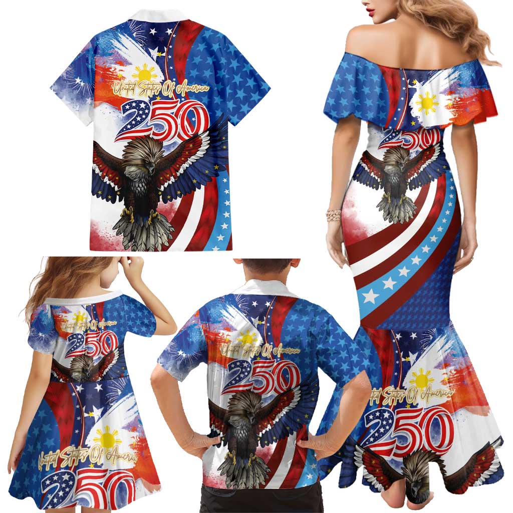 Philippines and United States Semiquincentennial Family Matching Mermaid Dress and Hawaiian Shirt Eagle and National Flag Style