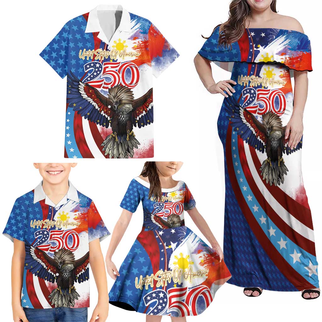 Philippines and United States Semiquincentennial Family Matching Off Shoulder Maxi Dress and Hawaiian Shirt Eagle and National Flag Style