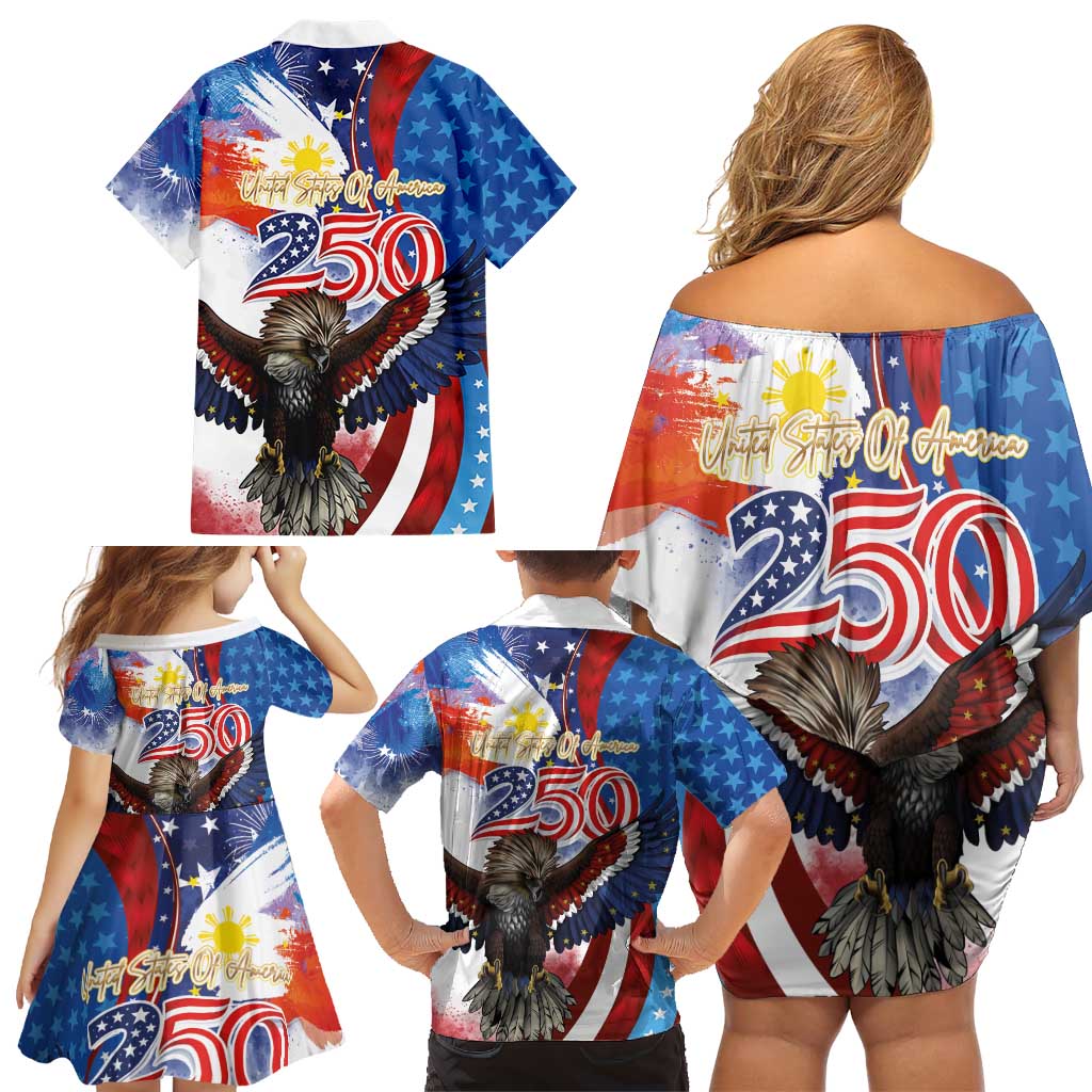 Philippines and United States Semiquincentennial Family Matching Off Shoulder Short Dress and Hawaiian Shirt Eagle and National Flag Style