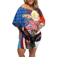 Philippines and United States Semiquincentennial Family Matching Off Shoulder Short Dress and Hawaiian Shirt Eagle and National Flag Style