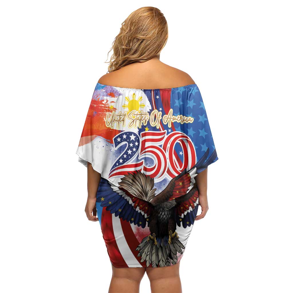 Philippines and United States Semiquincentennial Family Matching Off Shoulder Short Dress and Hawaiian Shirt Eagle and National Flag Style