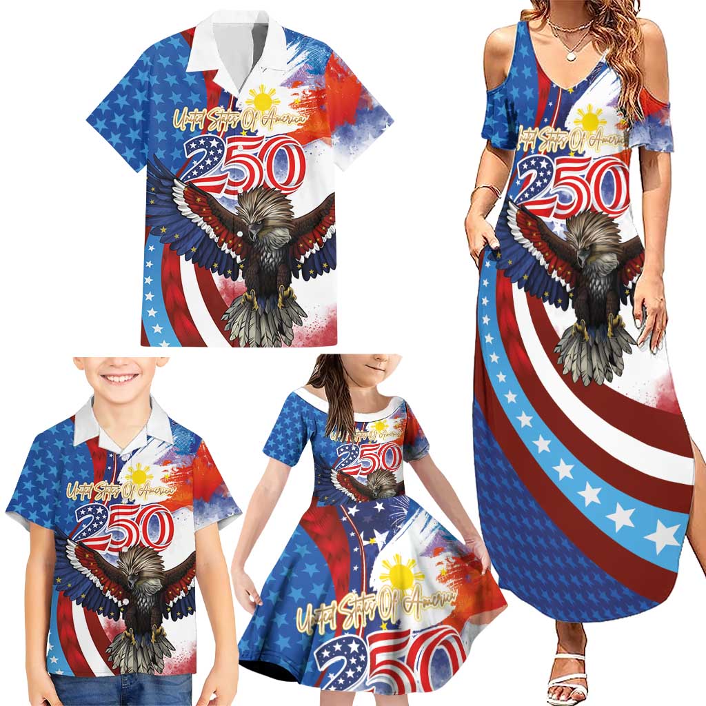 Philippines and United States Semiquincentennial Family Matching Summer Maxi Dress and Hawaiian Shirt Eagle and National Flag Style