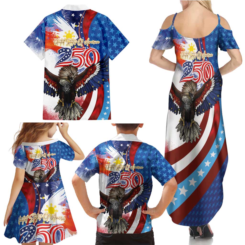 Philippines and United States Semiquincentennial Family Matching Summer Maxi Dress and Hawaiian Shirt Eagle and National Flag Style