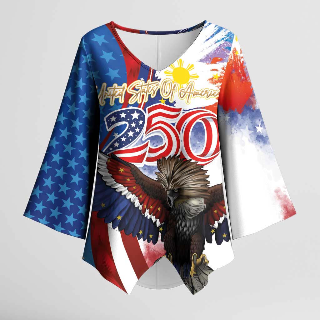 Philippines and United States Semiquincentennial Kimono Sleeve Blouse Eagle and National Flag Style