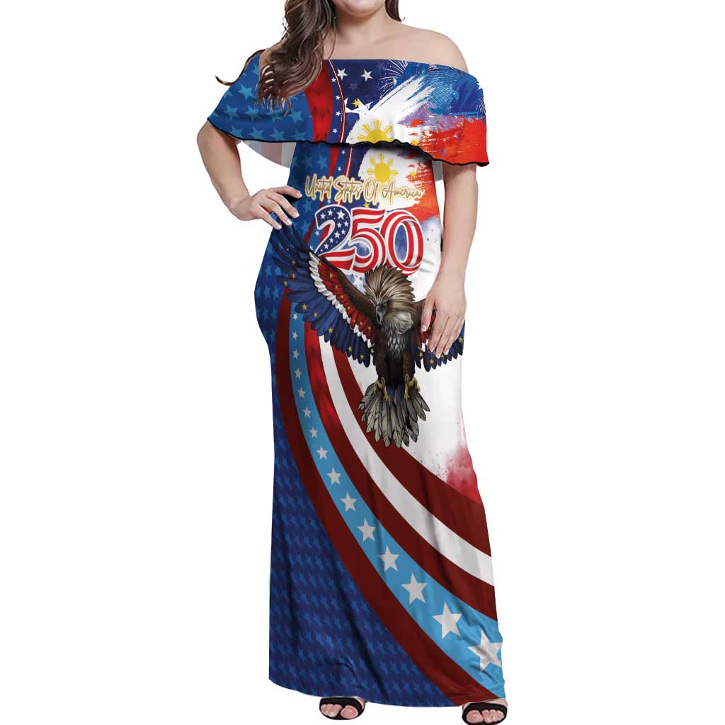 Philippines and United States Semiquincentennial Off Shoulder Maxi Dress Eagle and National Flag Style