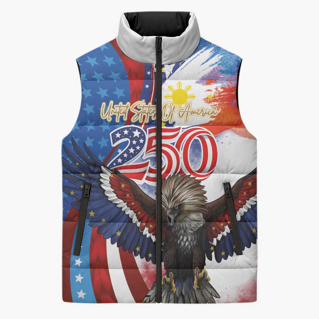 Philippines and United States Semiquincentennial Sleeveless Puffer Jacket Eagle and National Flag Style