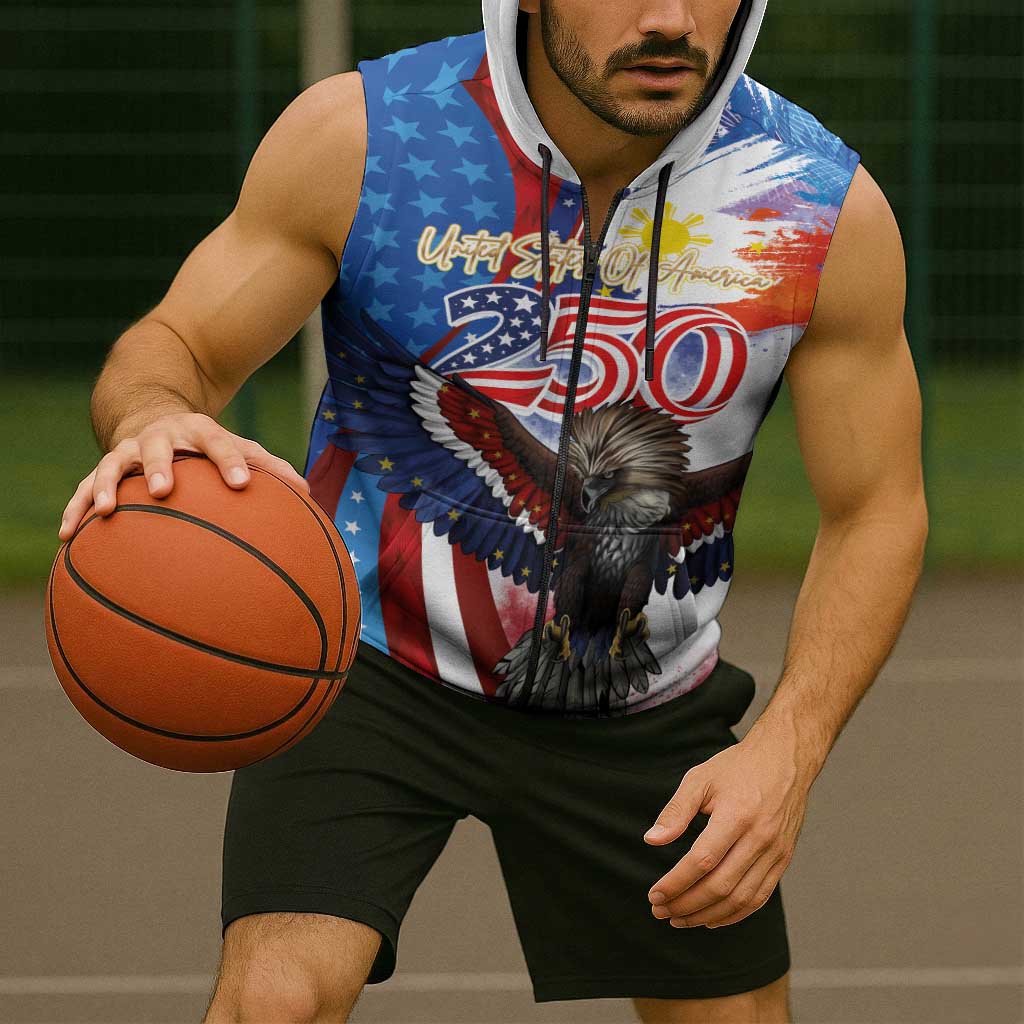 Philippines and United States Semiquincentennial Sleeveless Zip Hoodie Eagle and National Flag Style LT03 - Polynesian Pride