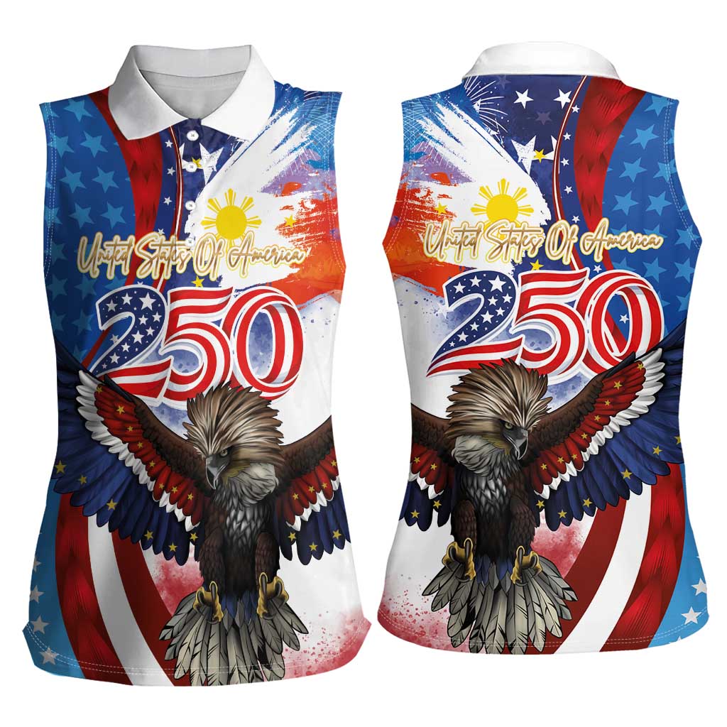 Philippines and United States Semiquincentennial Women Sleeveless Polo Shirt Eagle and National Flag Style