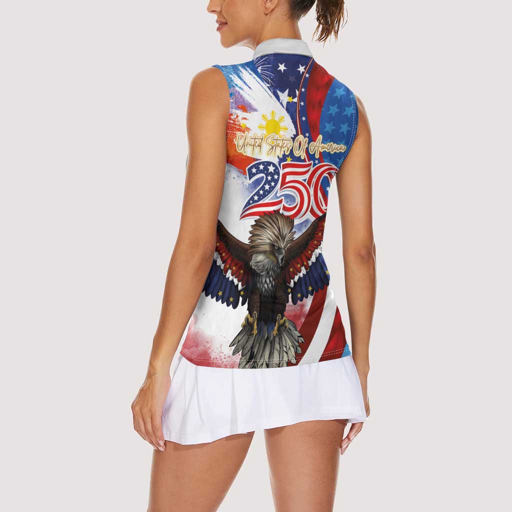 Philippines and United States Semiquincentennial Women Sleeveless Polo Shirt Eagle and National Flag Style