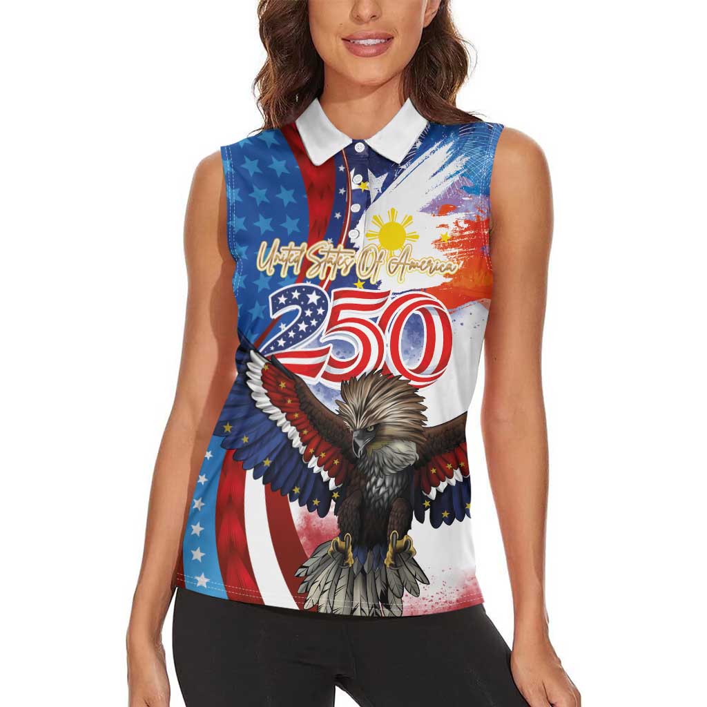 Philippines and United States Semiquincentennial Women Sleeveless Polo Shirt Eagle and National Flag Style