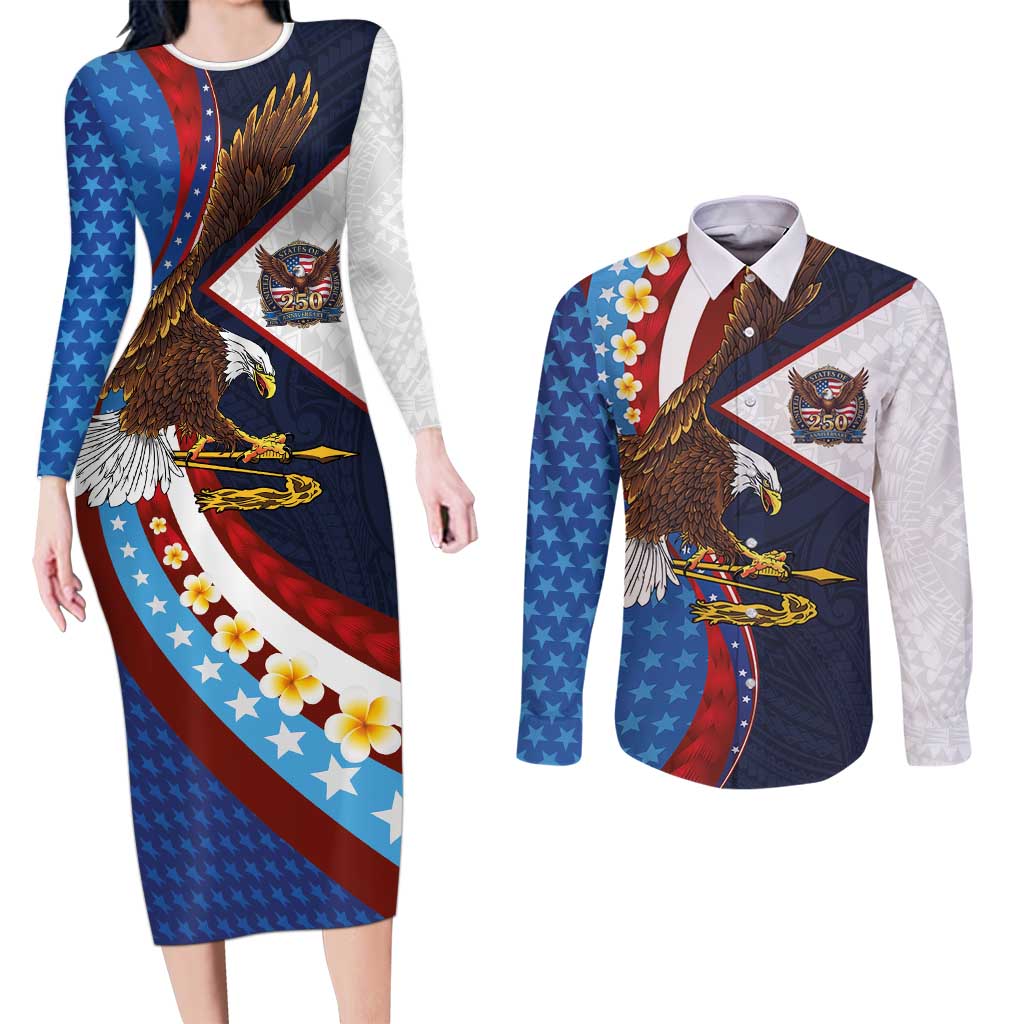 American Samoa and United States Semiquincentennial Couples Matching Long Sleeve Bodycon Dress and Long Sleeve Button Shirt Bald Eagle with National Flag Style