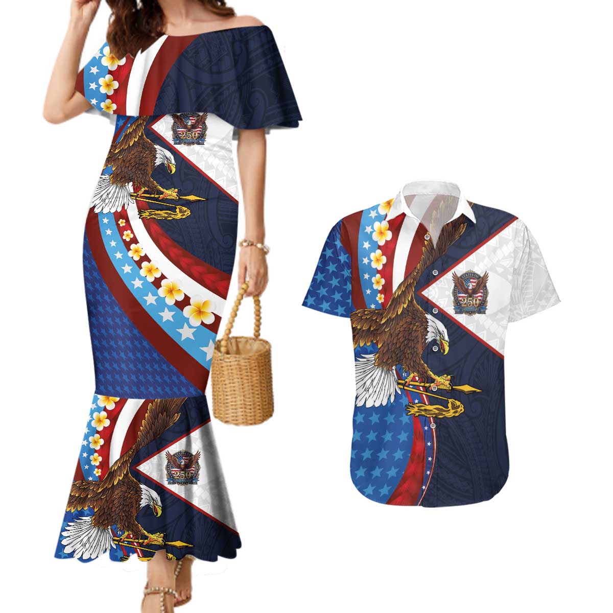 American Samoa and United States Semiquincentennial Couples Matching Mermaid Dress and Hawaiian Shirt Bald Eagle with National Flag Style