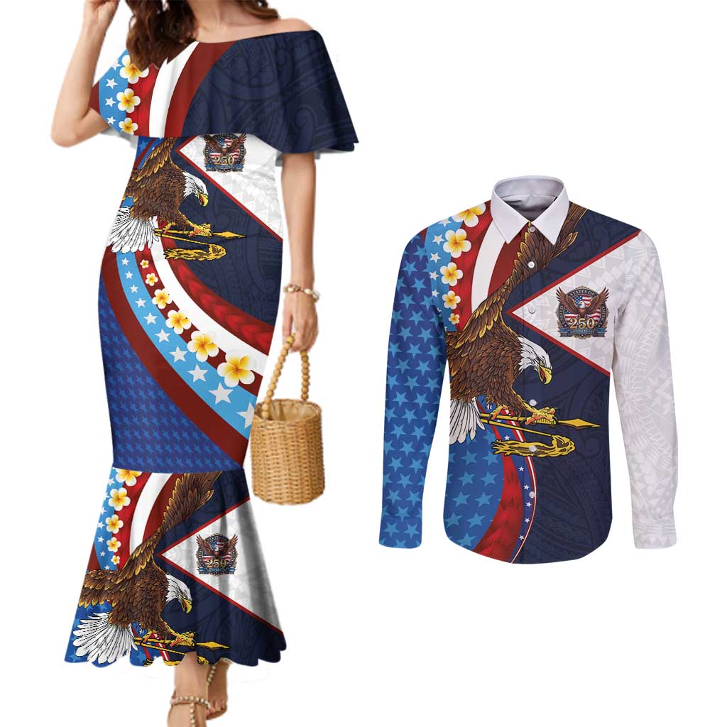 American Samoa and United States Semiquincentennial Couples Matching Mermaid Dress and Long Sleeve Button Shirt Bald Eagle with National Flag Style