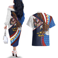 American Samoa and United States Semiquincentennial Couples Matching Off The Shoulder Long Sleeve Dress and Hawaiian Shirt Bald Eagle with National Flag Style