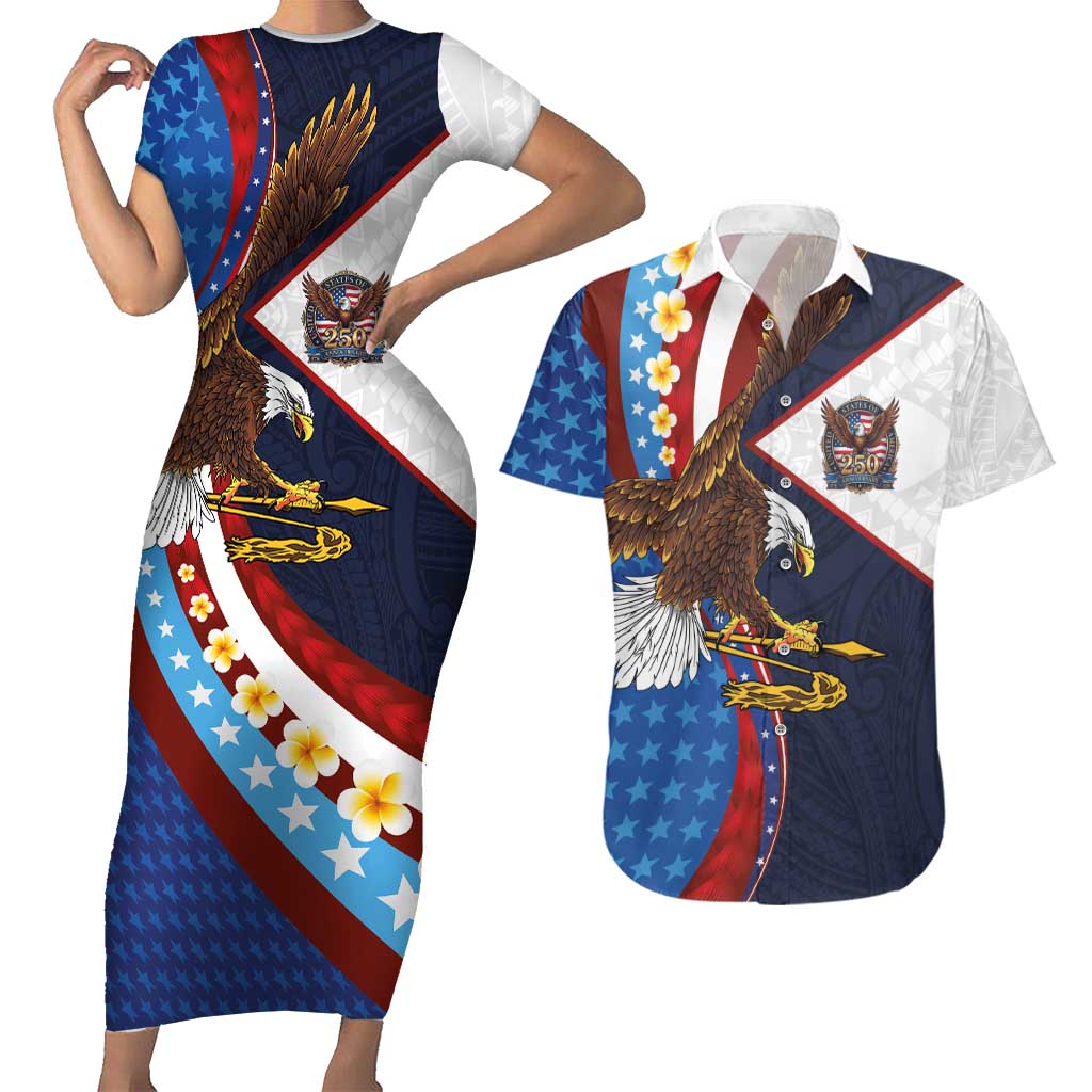 American Samoa and United States Semiquincentennial Couples Matching Short Sleeve Bodycon Dress and Hawaiian Shirt Bald Eagle with National Flag Style