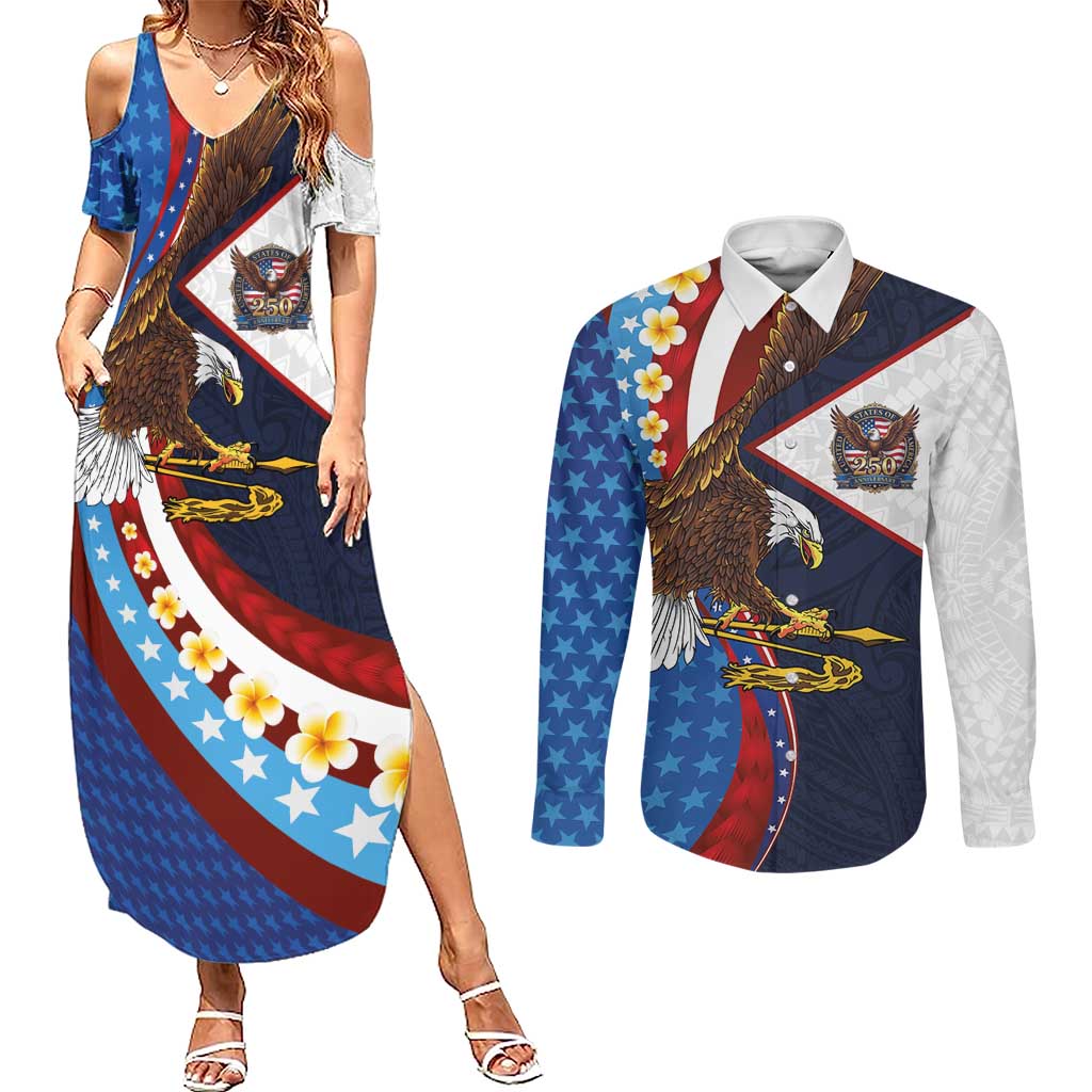 American Samoa and United States Semiquincentennial Couples Matching Summer Maxi Dress and Long Sleeve Button Shirt Bald Eagle with National Flag Style