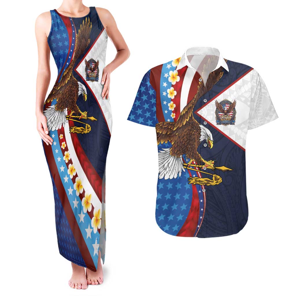 American Samoa and United States Semiquincentennial Couples Matching Tank Maxi Dress and Hawaiian Shirt Bald Eagle with National Flag Style