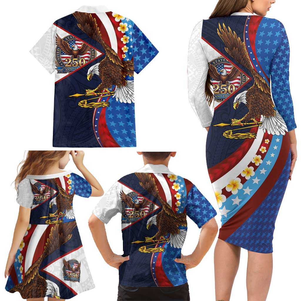 American Samoa and United States Semiquincentennial Family Matching Long Sleeve Bodycon Dress and Hawaiian Shirt Bald Eagle with National Flag Style
