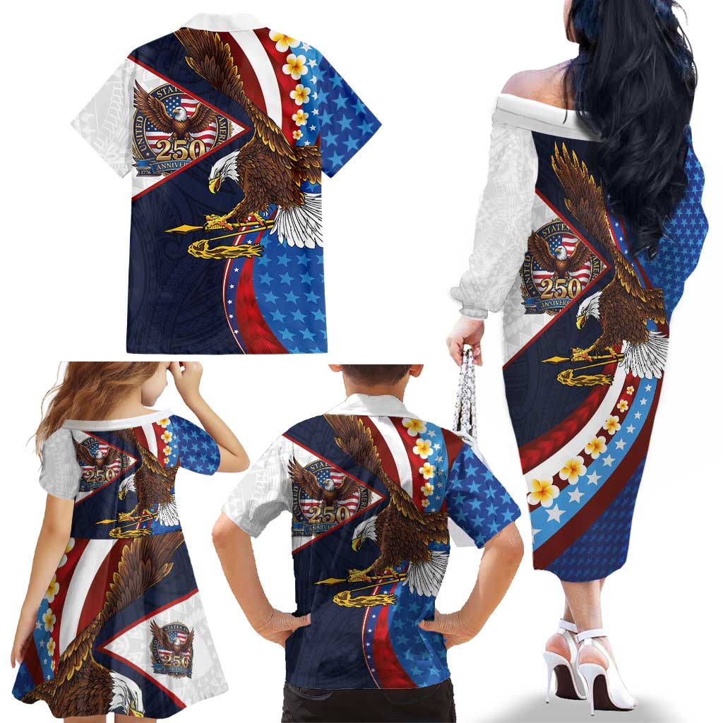American Samoa and United States Semiquincentennial Family Matching Off The Shoulder Long Sleeve Dress and Hawaiian Shirt Bald Eagle with National Flag Style