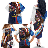 American Samoa and United States Semiquincentennial Family Matching Off The Shoulder Long Sleeve Dress and Hawaiian Shirt Bald Eagle with National Flag Style