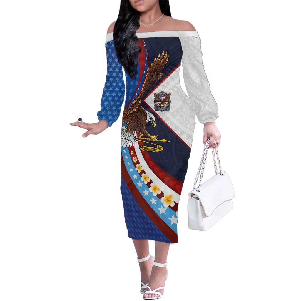 American Samoa and United States Semiquincentennial Family Matching Off The Shoulder Long Sleeve Dress and Hawaiian Shirt Bald Eagle with National Flag Style