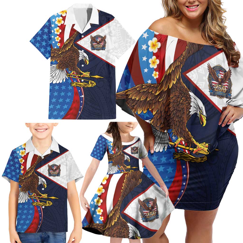 American Samoa and United States Semiquincentennial Family Matching Off Shoulder Short Dress and Hawaiian Shirt Bald Eagle with National Flag Style