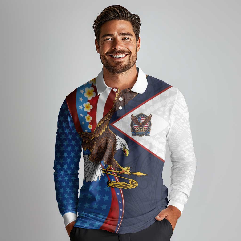 American Samoa and United States Semiquincentennial Long Sleeve Polo Shirt Bald Eagle with National Flag Style LT03 - Polynesian Pride