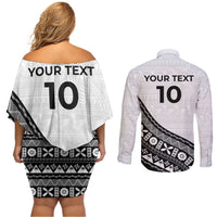 Custom Fijian Rugby Couples Matching Off Shoulder Short Dress and Long Sleeve Button Shirt Tapa Pattern and Palm Tree Tribal