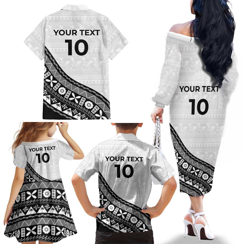 Custom Fijian Rugby Family Matching Off The Shoulder Long Sleeve Dress and Hawaiian Shirt Tapa Pattern and Palm Tree Tribal