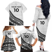 Custom Fijian Rugby Family Matching Off The Shoulder Long Sleeve Dress and Hawaiian Shirt Tapa Pattern and Palm Tree Tribal