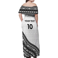 Custom Fijian Rugby Family Matching Off Shoulder Maxi Dress and Hawaiian Shirt Tapa Pattern and Palm Tree Tribal