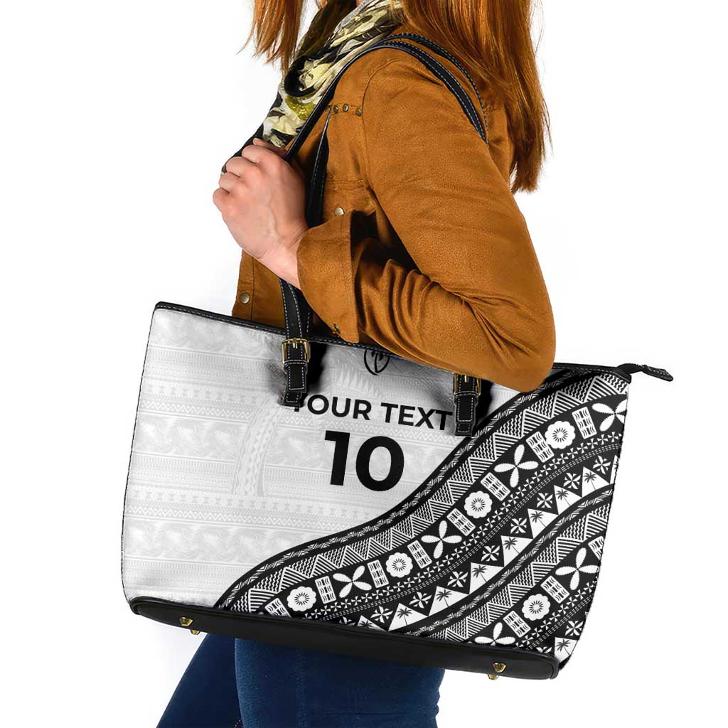 Custom Fijian Rugby Leather Tote Bag Tapa Pattern and Palm Tree Tribal LT03 White - Polynesian Pride