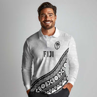 Custom Fijian Rugby Long Sleeve Polo Shirt Tapa Pattern and Palm Tree Tribal