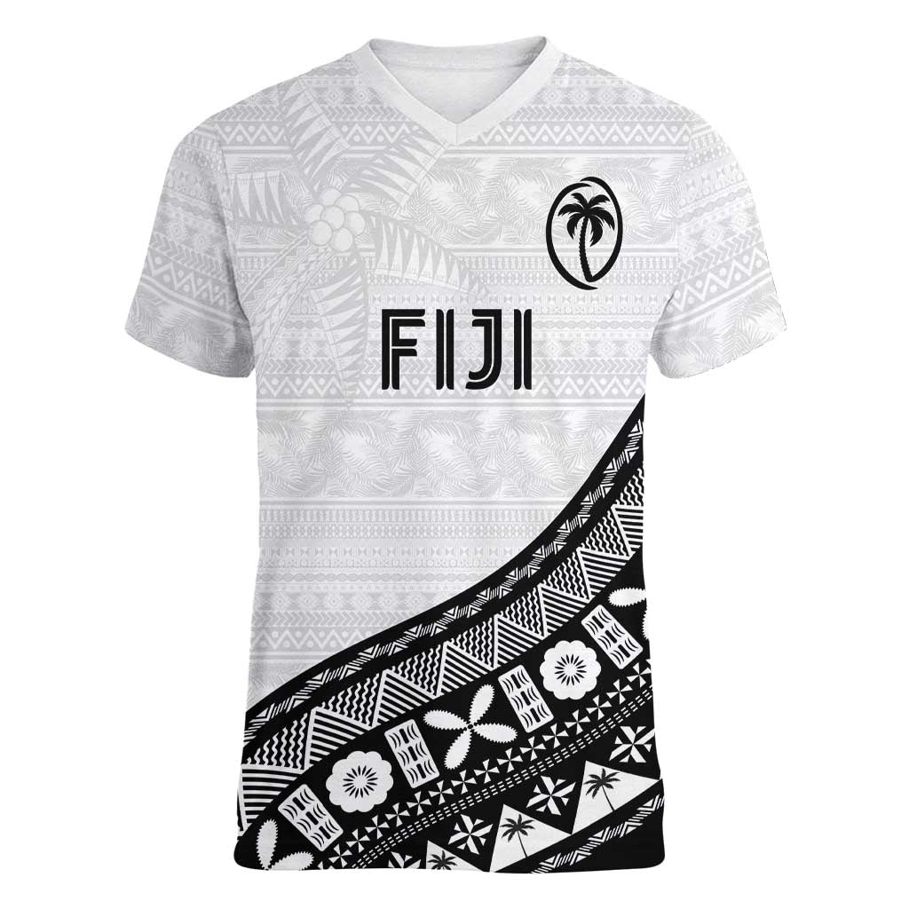 Custom Fijian Rugby Women V-Neck T-Shirt Tapa Pattern and Palm Tree Tribal LT03 Female White - Polynesian Pride