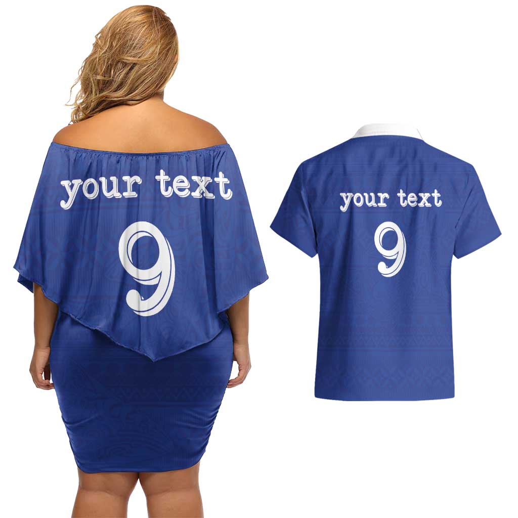 Custom Fijian Football Couples Matching Off Shoulder Short Dress and Hawaiian Shirt Tapa Pattern and Shark Tribal