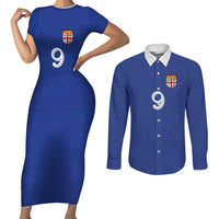 Custom Fijian Football Couples Matching Short Sleeve Bodycon Dress and Long Sleeve Button Shirt Tapa Pattern and Shark Tribal LT03 Blue - Polynesian Pride