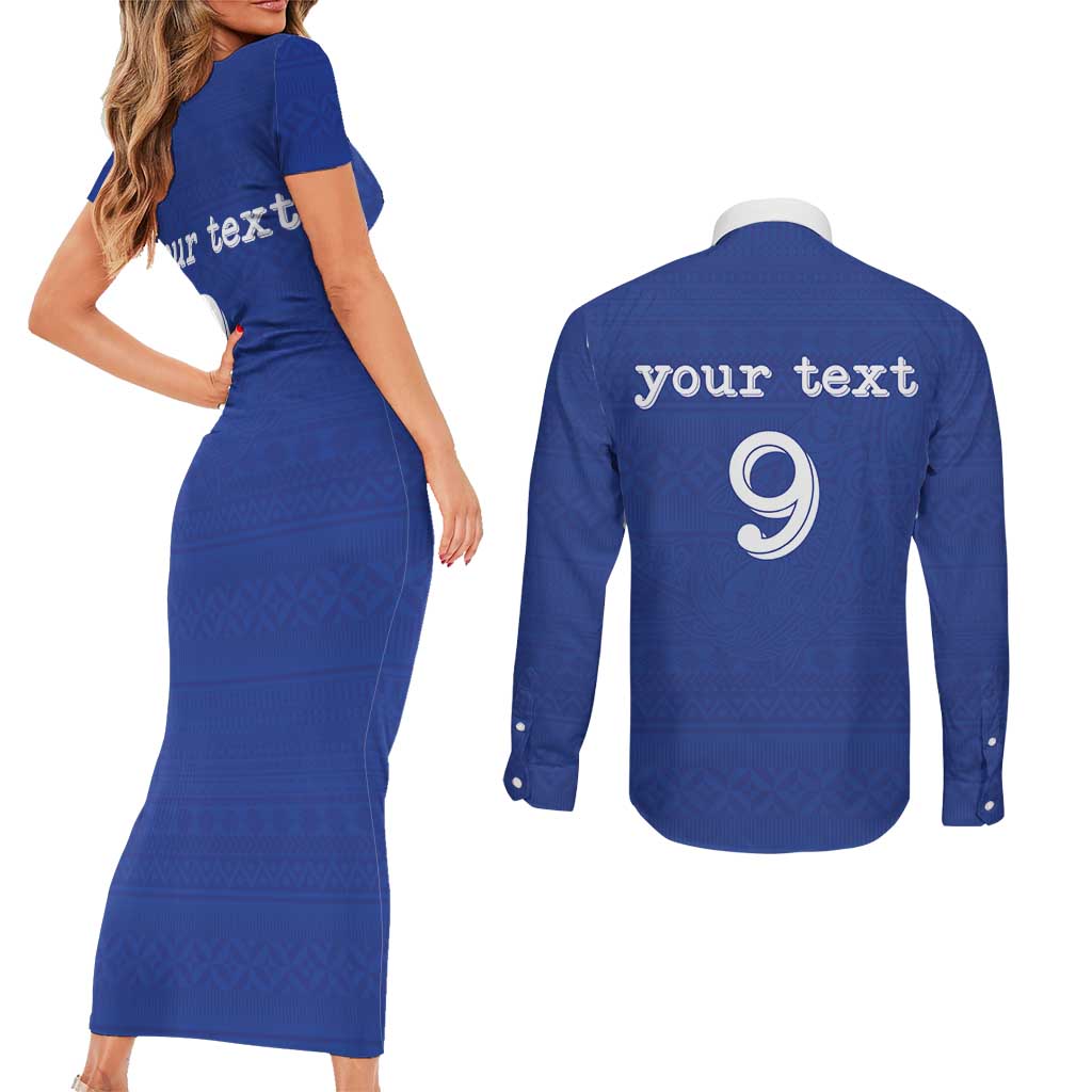 Custom Fijian Football Couples Matching Short Sleeve Bodycon Dress and Long Sleeve Button Shirt Tapa Pattern and Shark Tribal LT03 - Polynesian Pride